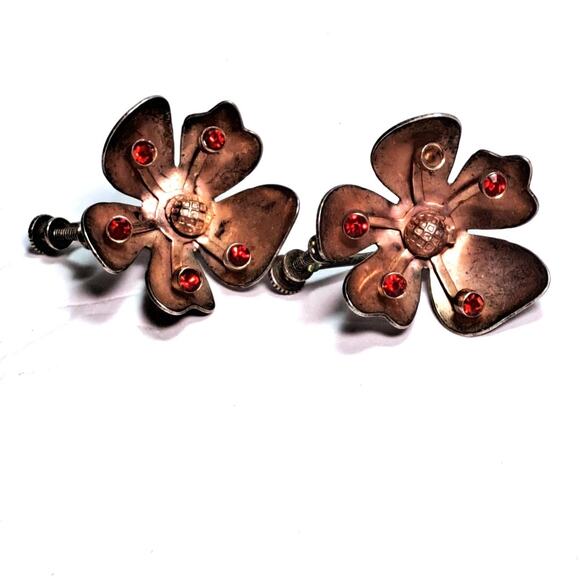 Vintage 1950s-60s Sterling Silver Flower Earrings Screw Back Red Crystals MCM - Picture 1 of 6